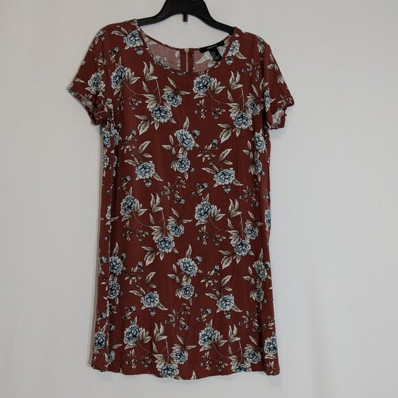 FOREVER 21 Rust Brown/Blue Floral Short Sleeve Flared Mini Dress; Size S - Picture 1 of 3